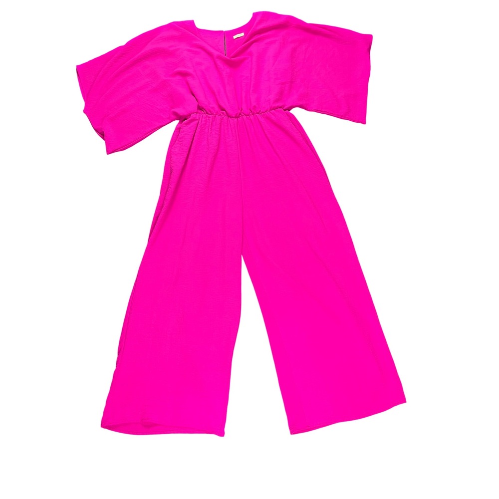 JODIFL Hot Pink Wide Leg Kimono Sleeve Jumpsuit Size L Made in USA V-Neck Crepe